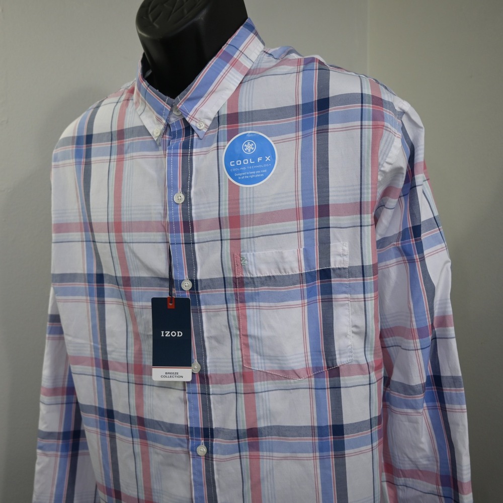 IZOD Button Up Mens‎ XL NEW White Blue Pink Plaid Cool FX Long Sleeve Shirt